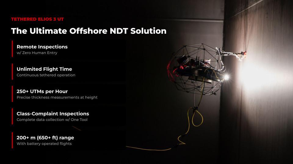 The Elios 3 UT is the best drone for offshore inspections in confined spaces and outdoor cluttered spaces