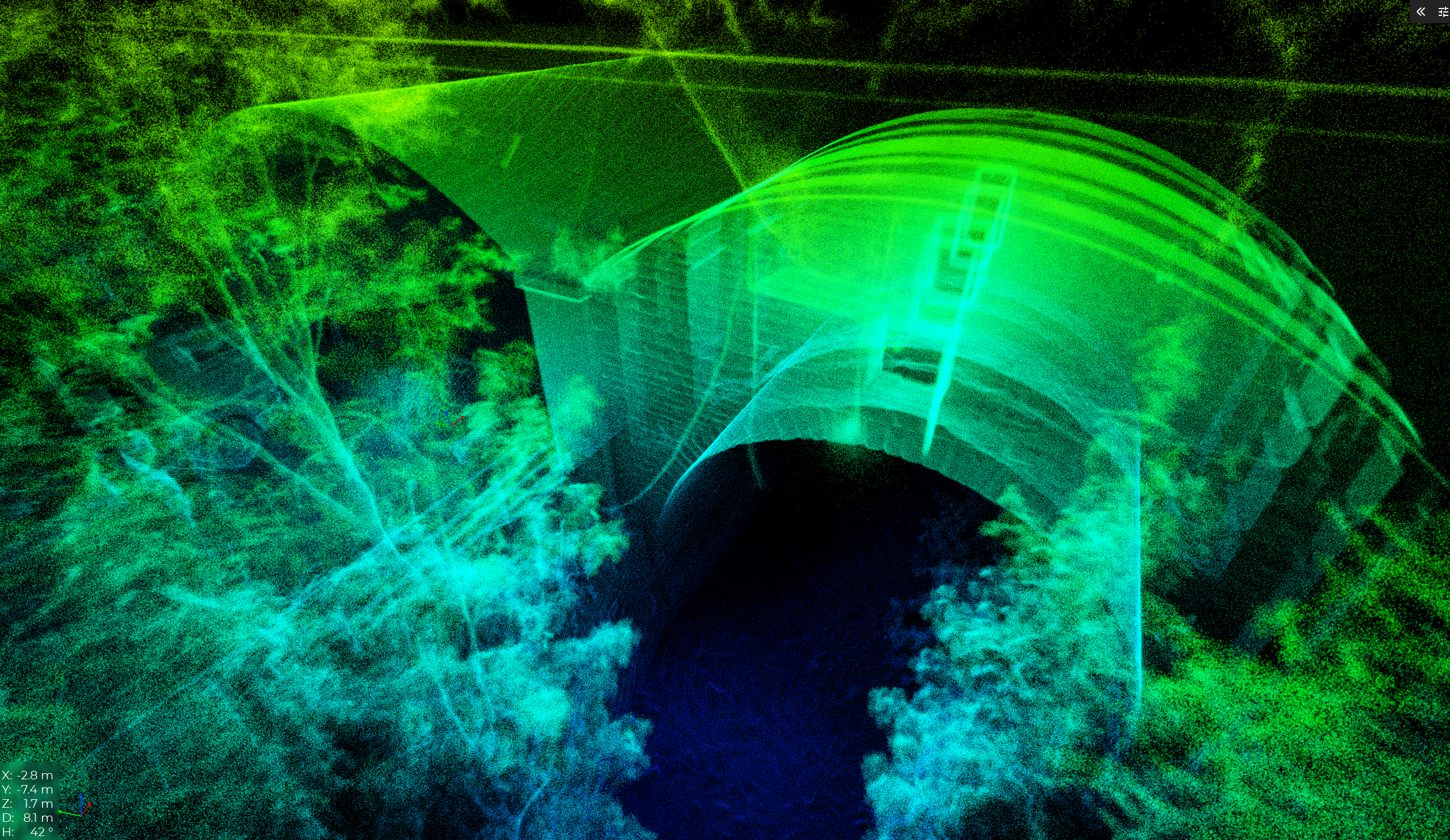 A point cloud view of the arches underneath a rail bridge, created by the Elios 3 drone