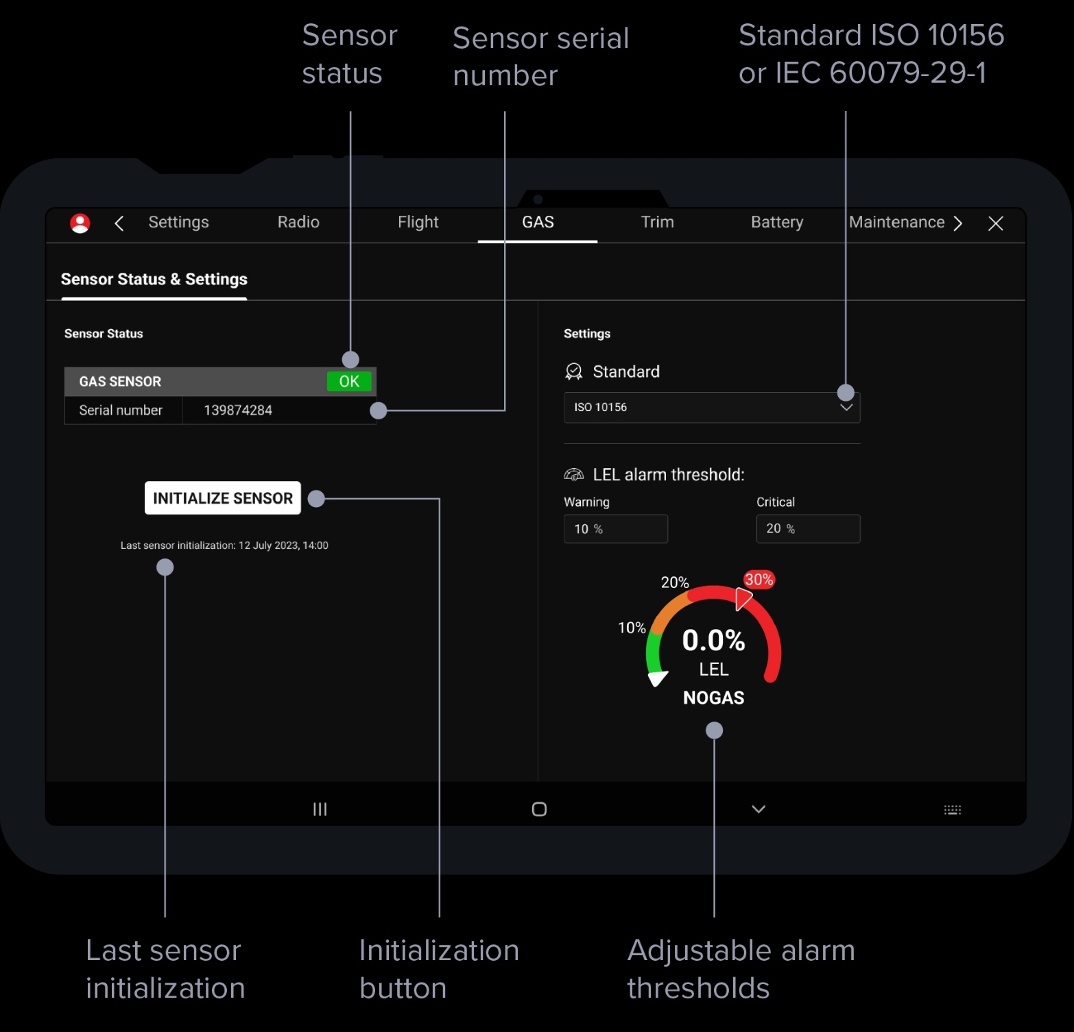 LEL Gas Sensor calibration on tablet