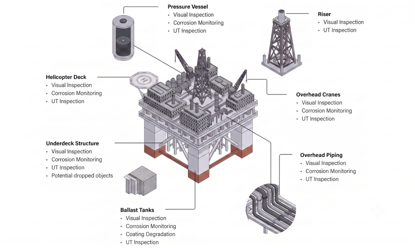 Main applications for offshore drone inspections on oil rigs and platforms.