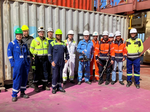 Members from Flyability, MaDfly, Maersk, ABS, Lloyd’s Register, and MTL post-inspection.
