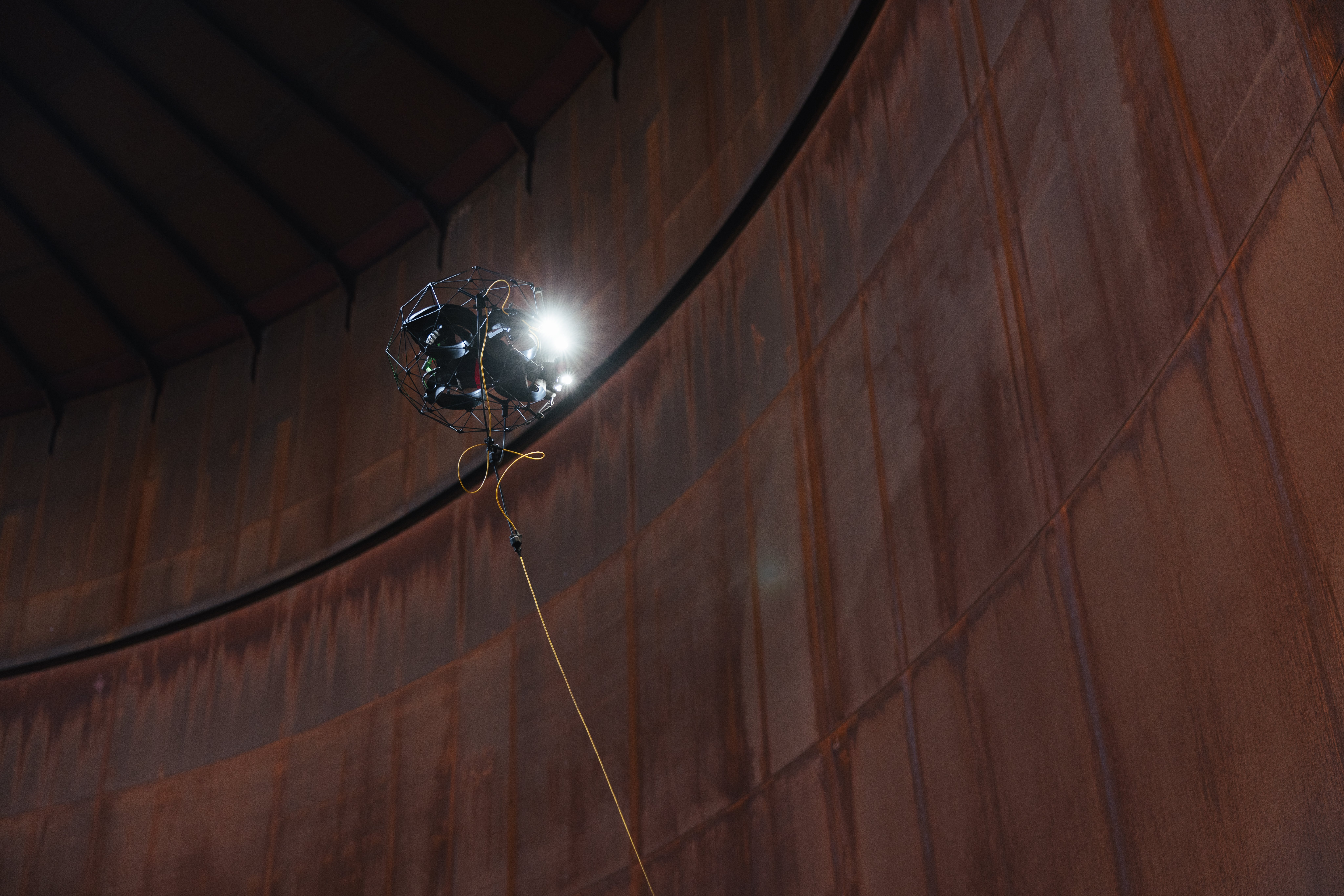 The Elios 3 UT drone with the Tether cable for unlimited flight time.