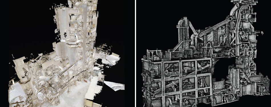 A side-by-side comparison of a laser scan on the  left with a terrestrial scanner versus a more detailed version on the right that is from the Elios 3
